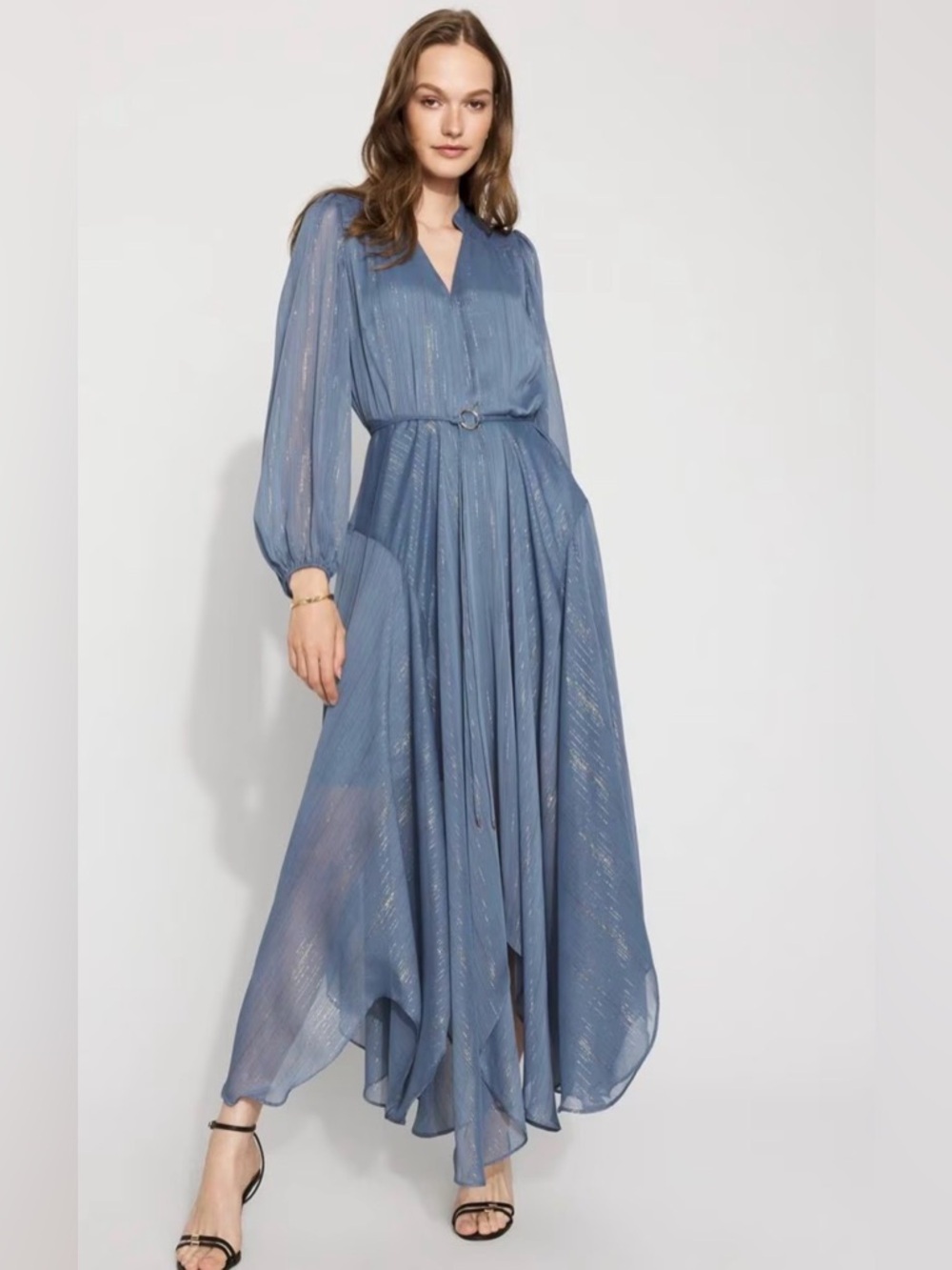 White House Black Market Slate Blue Metallic High-Low Maxi Dress